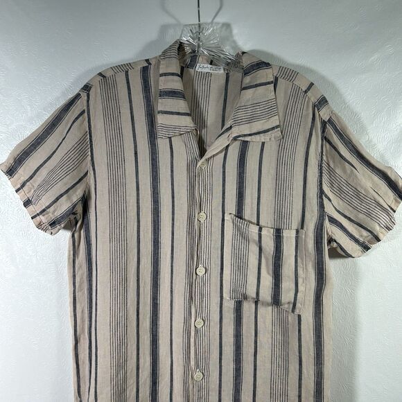 Free People x CP Shades Linen Striped Button Up Shirt Top Tan Navy Blue Sz. S - Picture 6 of 13